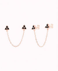 Doppelte blütenförmige Zirkonia-Piercing-Ohrstecker mit hängender Kette – erhältlich in Schwarz und Weiß