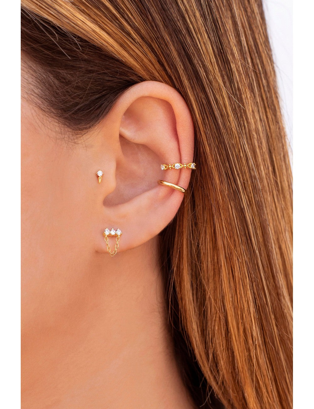3 CZ Bar Shaped Stud Earrings With Dangling Chain