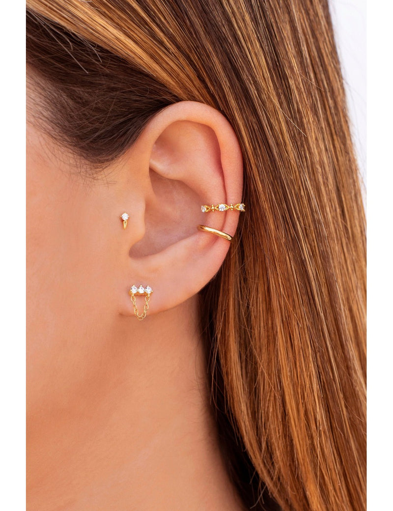 3 CZ Bar Shaped Stud Earrings With Dangling Chain