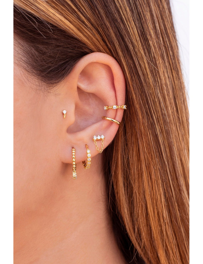 3 CZ Bar Shaped Stud Earrings With Dangling Chain