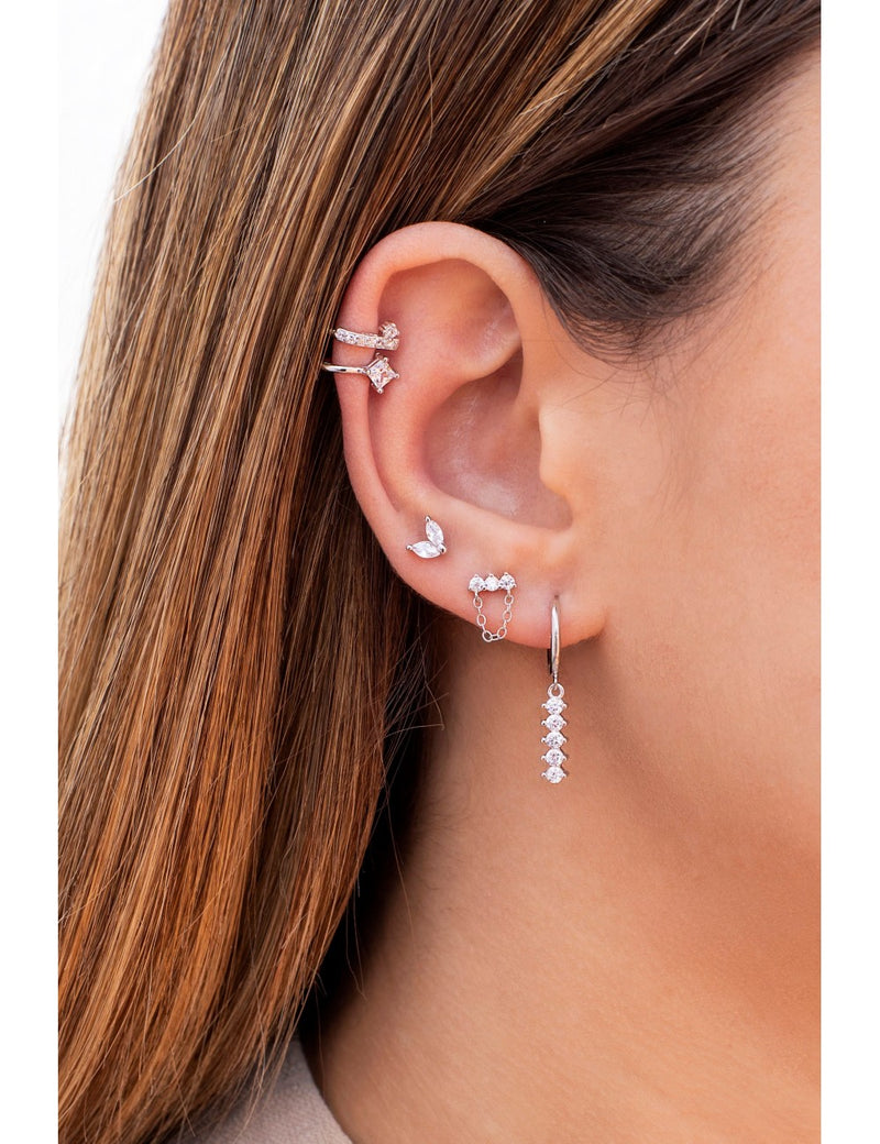 3 CZ Bar Shaped Stud Earrings With Dangling Chain