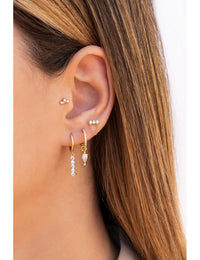 3 CZ Bar Shaped Stud Earrings With Dangling Chain