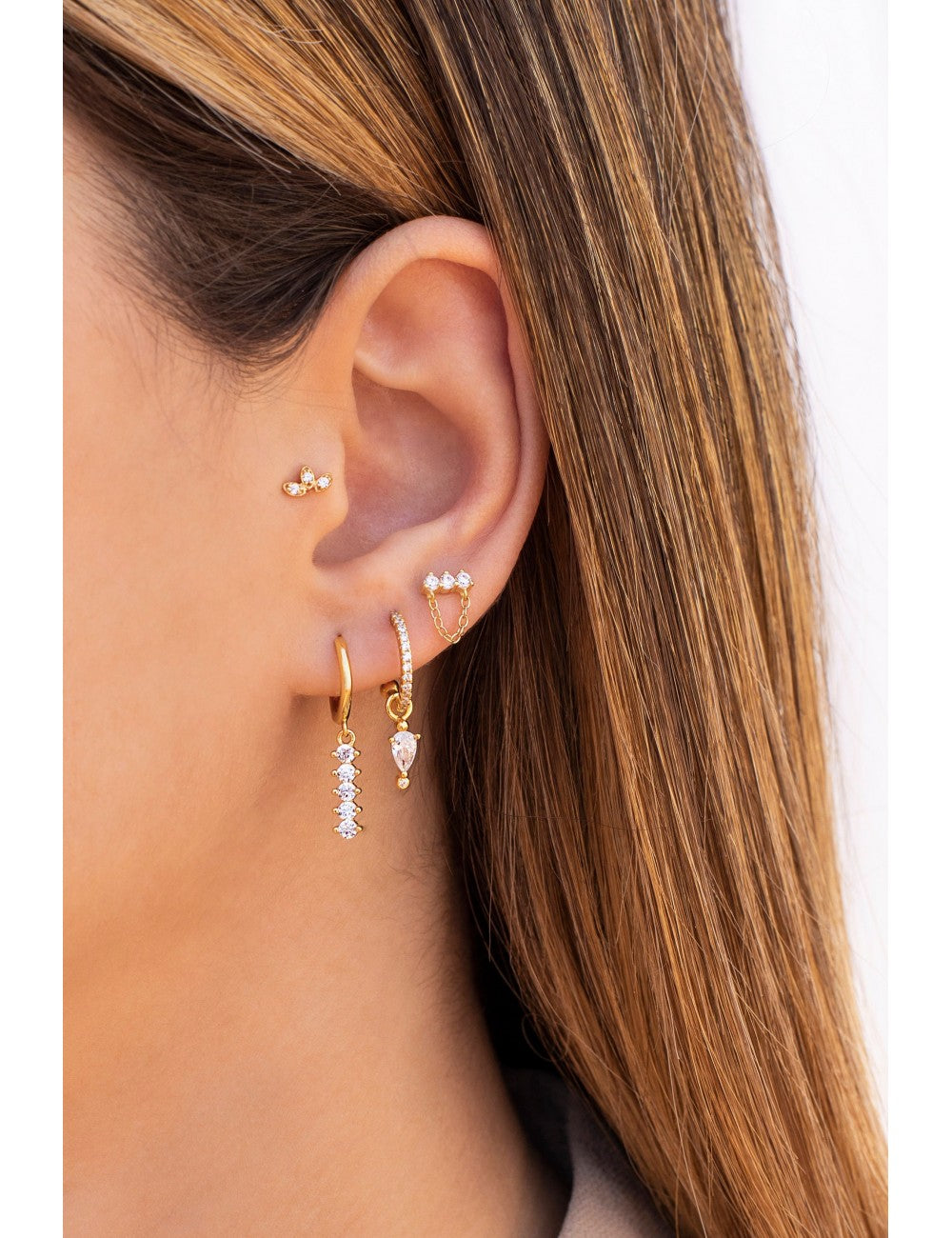 3 CZ Bar Shaped Stud Earrings With Dangling Chain