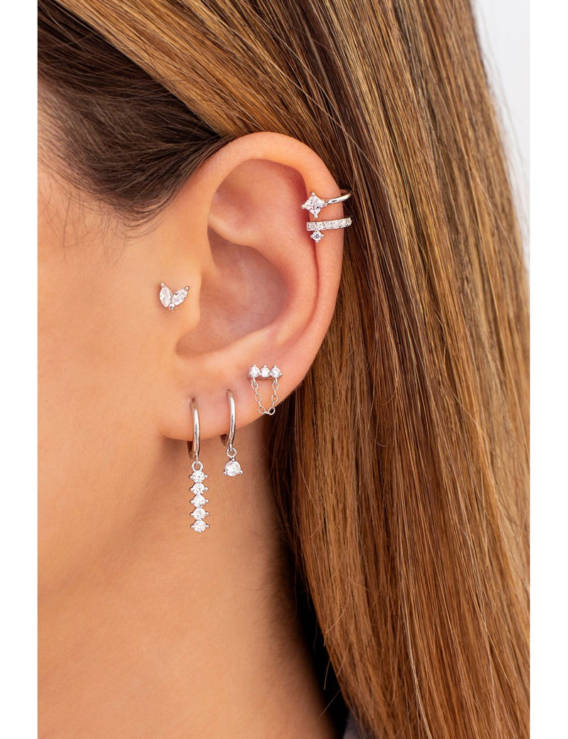 3 CZ Bar Shaped Stud Earrings With Dangling Chain