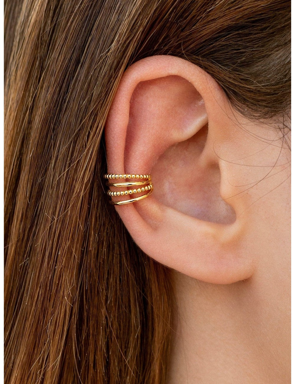 Pendientes conch ear cuff de 4 bandas de bolitas y plata lisa