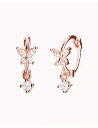 CZ Butterfly Shaped Huggie Hoop Earrings With Dangling Charm