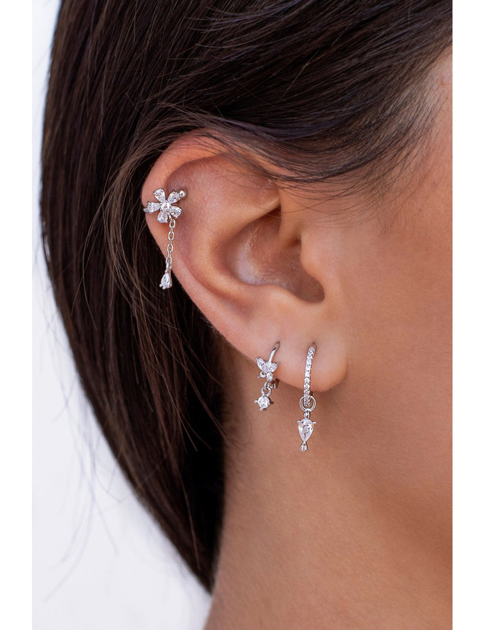 CZ Butterfly Shaped Huggie Hoop Earrings With Dangling Charm
