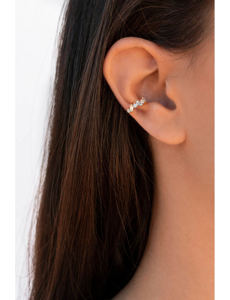 Dainty Baguette & Round CZ Conch Ear Cuff Earrings