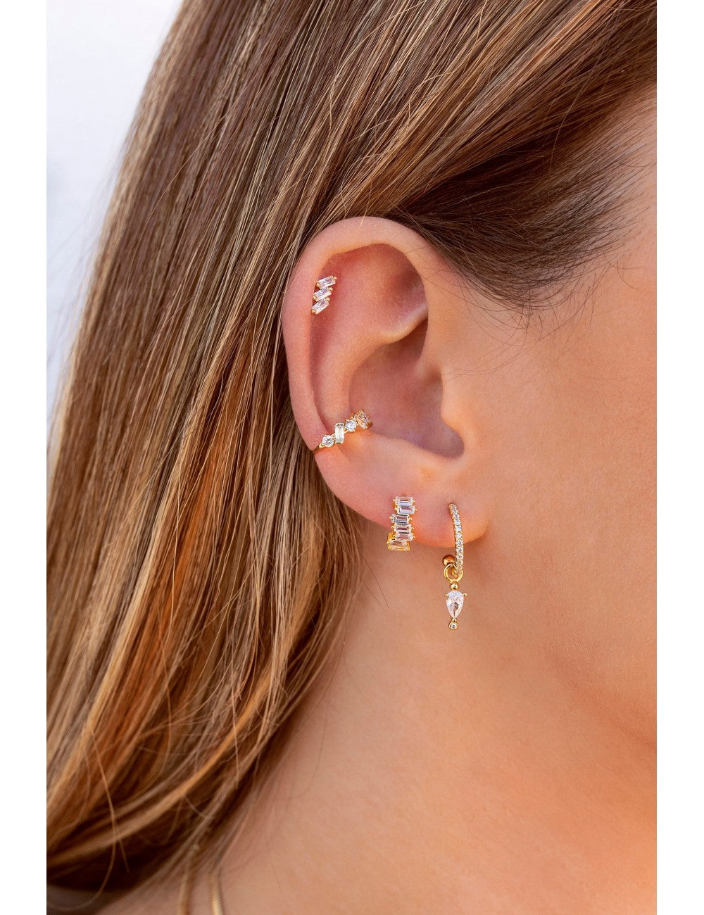 Dainty Baguette & Round CZ Conch Ear Cuff Earrings