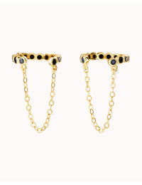 Bezel Black CZ Dangling Chain Conch Ear Cuff Earrings - Fake Piercing