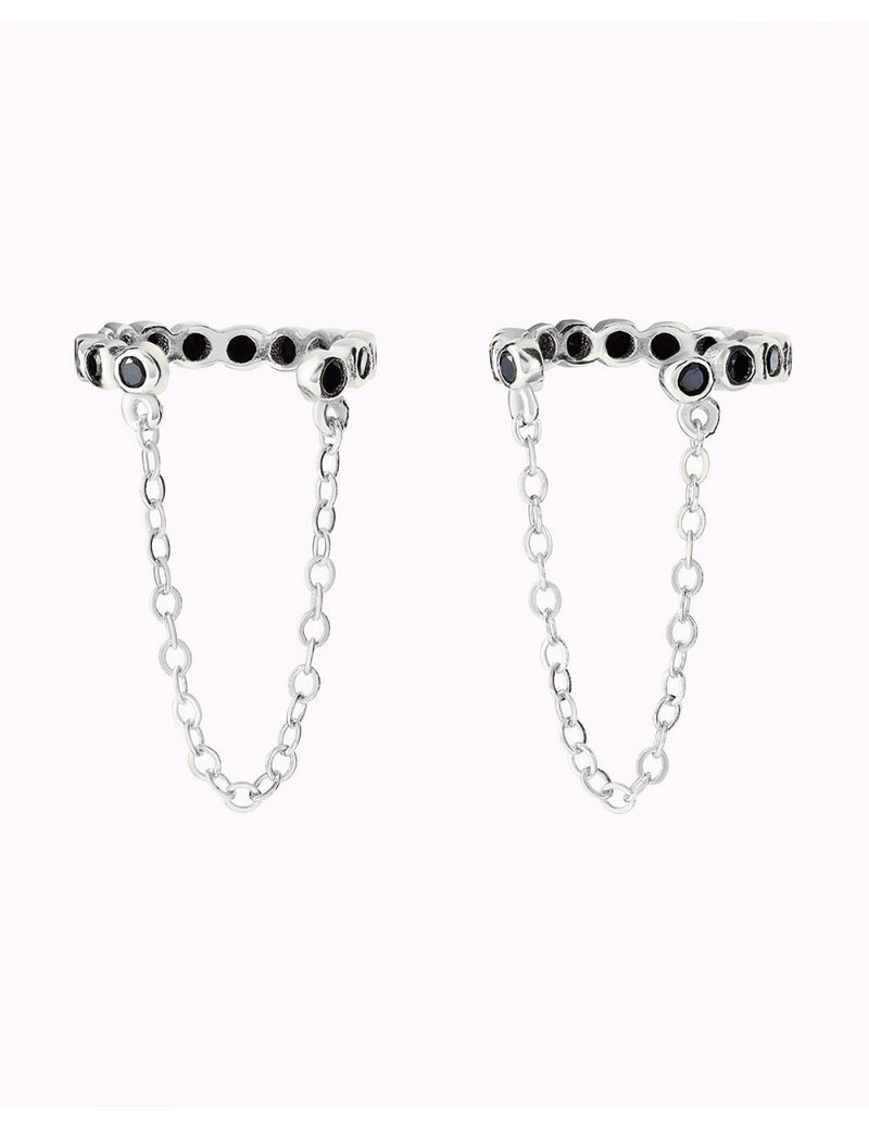Bezel Black CZ Dangling Chain Conch Ear Cuff Earrings - Fake Piercing