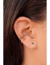 Bezel Black CZ Dangling Chain Conch Ear Cuff Earrings - Fake Piercing