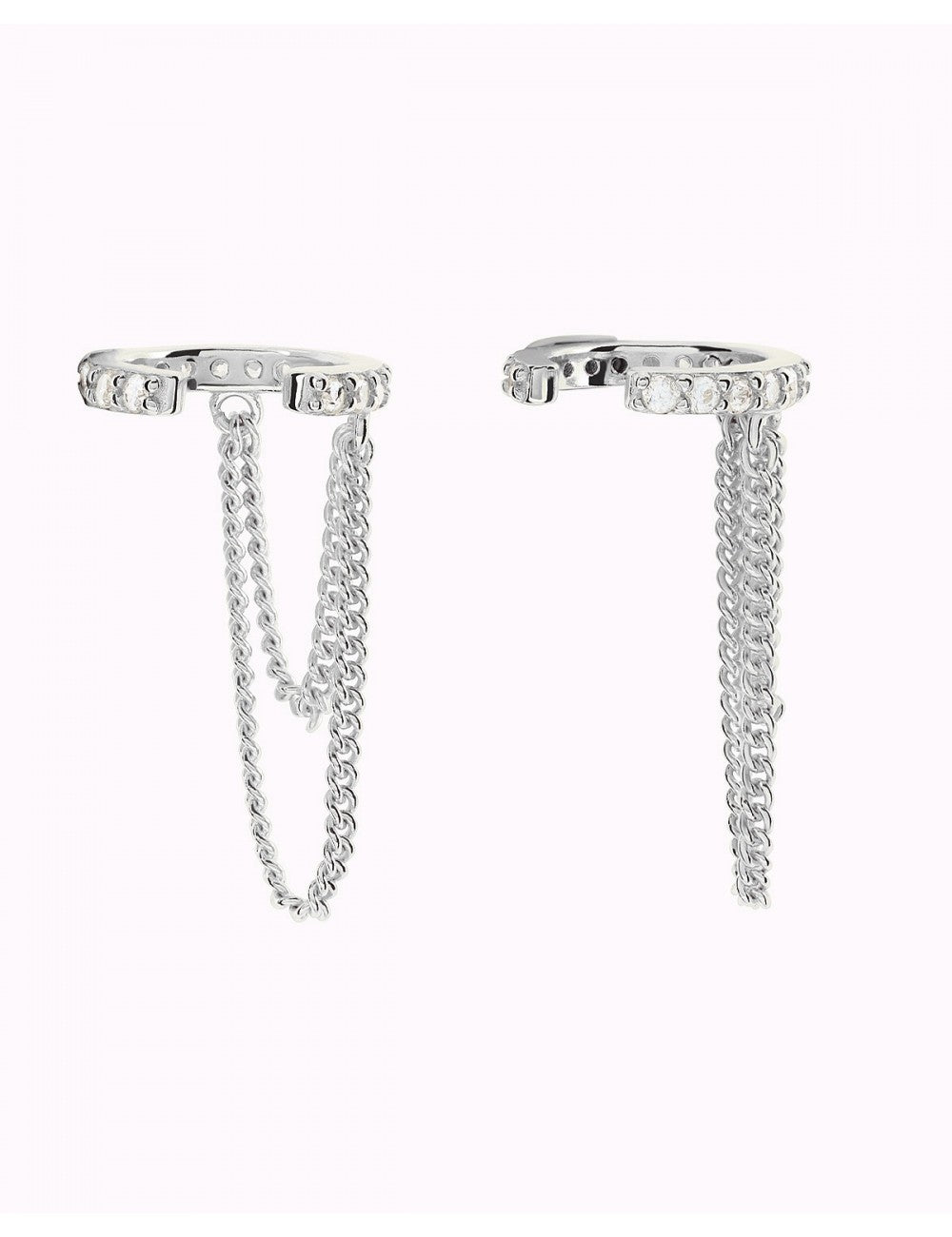 Pave CZ Conch Ear Cuff Earrings With Double Dangling Chains