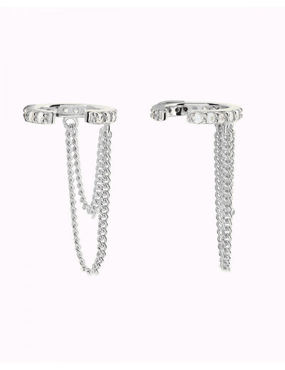 Pave CZ Conch Ear Cuff Earrings With Double Dangling Chains