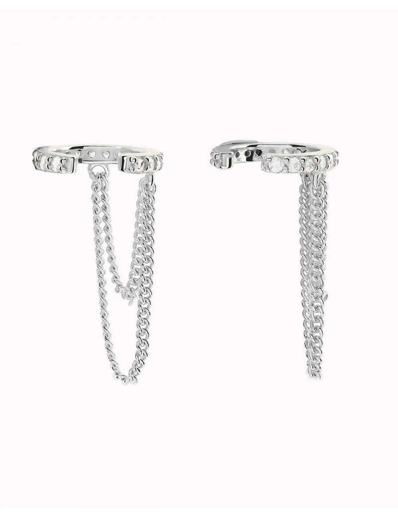 Pave CZ Conch Ear Cuff Earrings With Double Dangling Chains