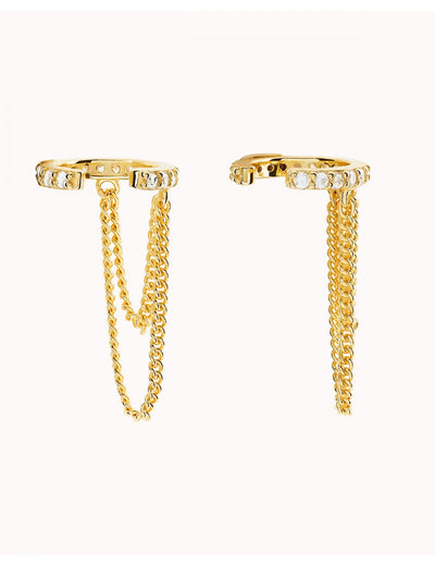 Pave CZ Conch Ear Cuff Earrings With Double Dangling Chains