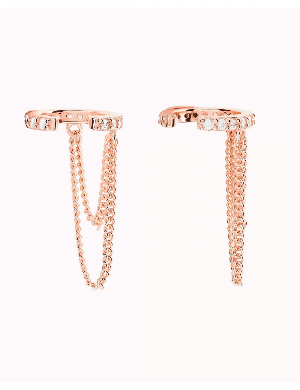 Pave CZ Conch Ear Cuff Earrings With Double Dangling Chains