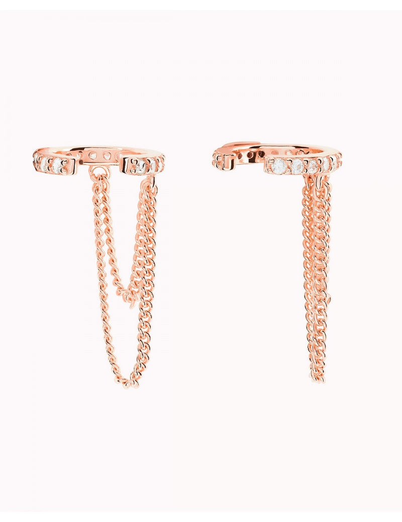 Pave CZ Conch Ear Cuff Earrings With Double Dangling Chains