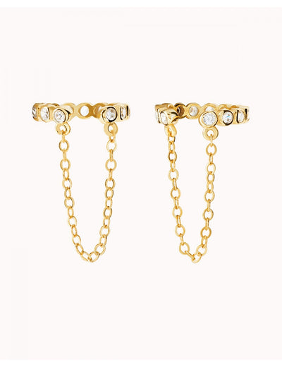 Boucles d'oreilles conques avec zircones cubiques et chaîne pendante - Faux piercing