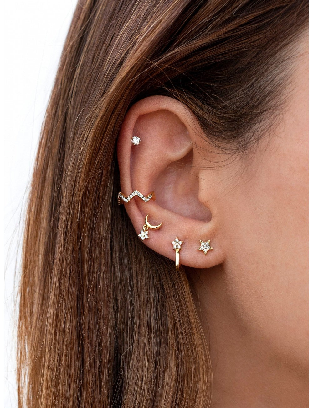 Halbmond-Ohrstecker mit Sternanhänger mit Zirkonia