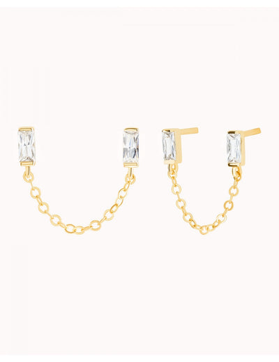 Doppelte Ohrstecker mit Zirkonia im Baguetteschliff und Kette