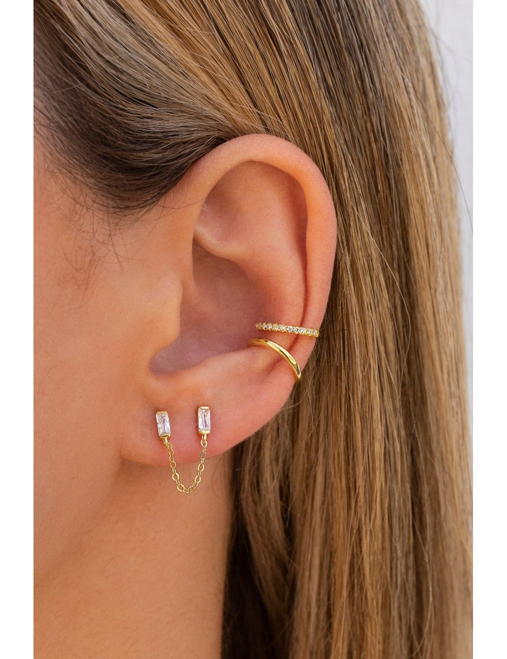 Boucles d'oreilles piercing double avec zircone taille baguette et chaîne