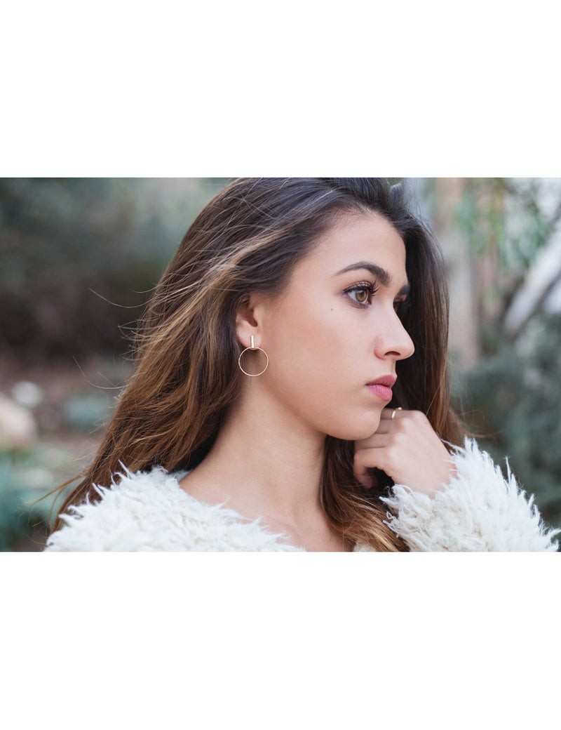 Bar & Circle Front Hoop Long Stud Earrings