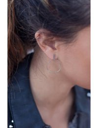 Bar & Circle Front Hoop Long Stud Earrings