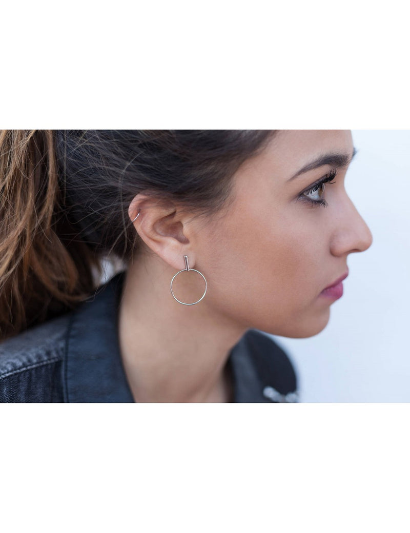 Bar & Circle Front Hoop Long Stud Earrings