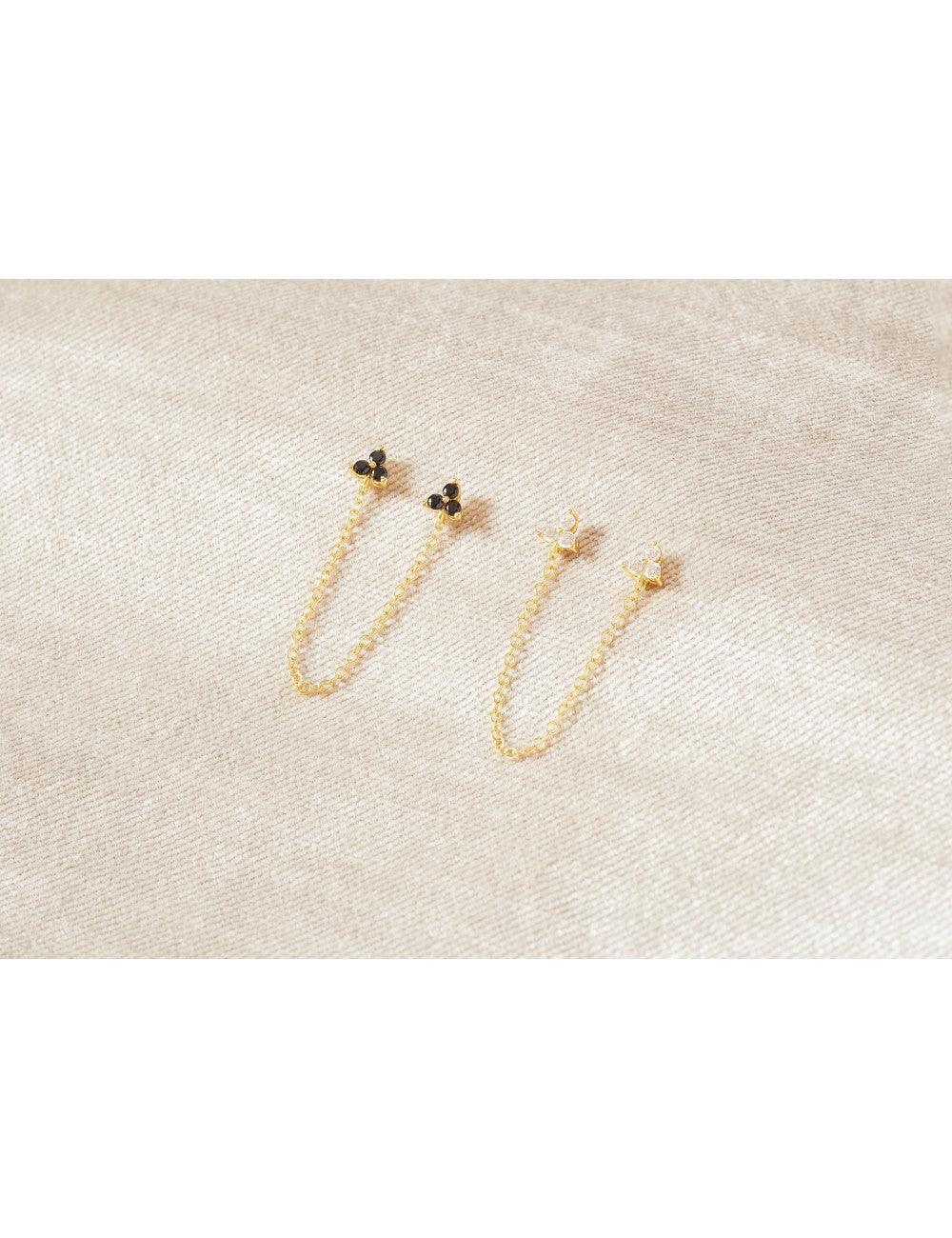 Dangling Chain CZ Double Flower Shaped Stud Earrings - Available in Black & White