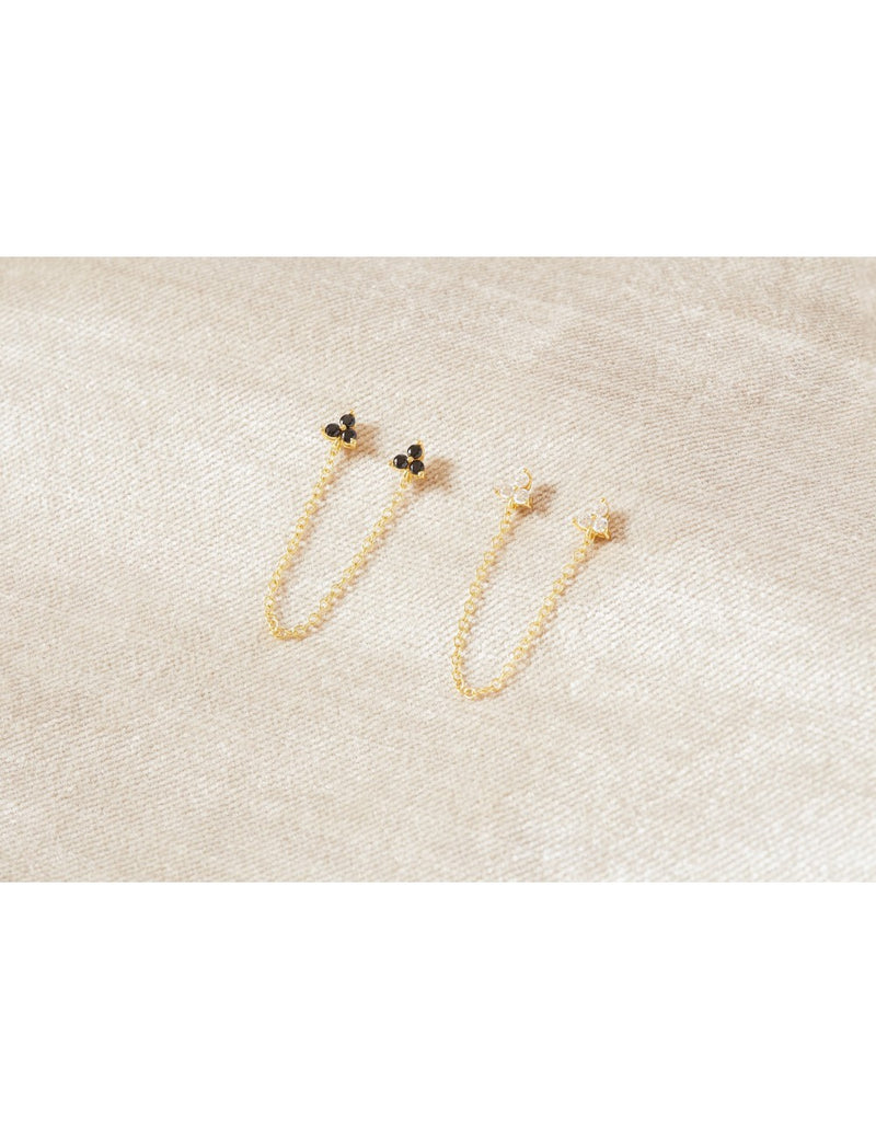 Dangling Chain CZ Double Flower Shaped Stud Earrings - Available in Black & White
