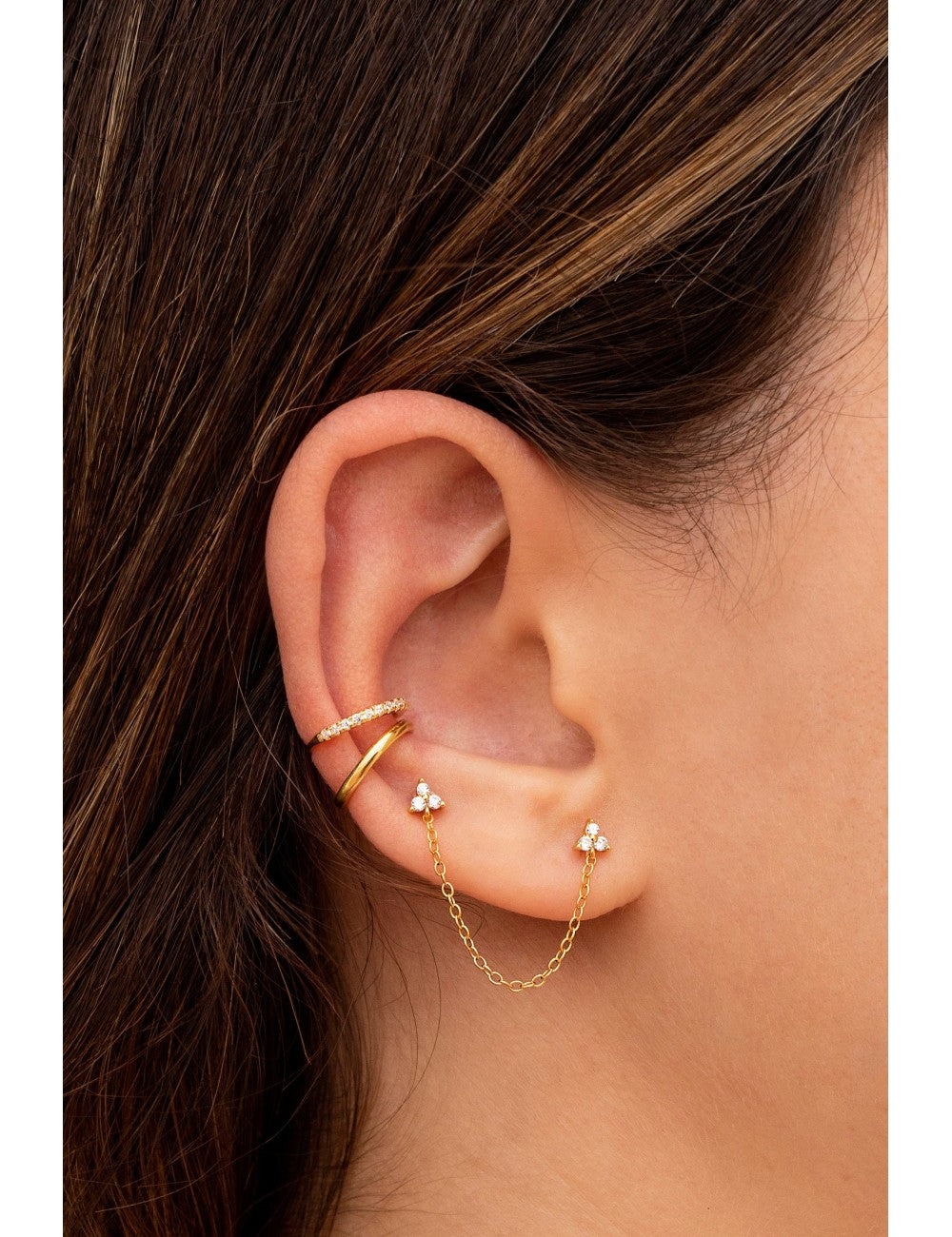 Dangling Chain CZ Double Flower Shaped Stud Earrings - Available in Black & White