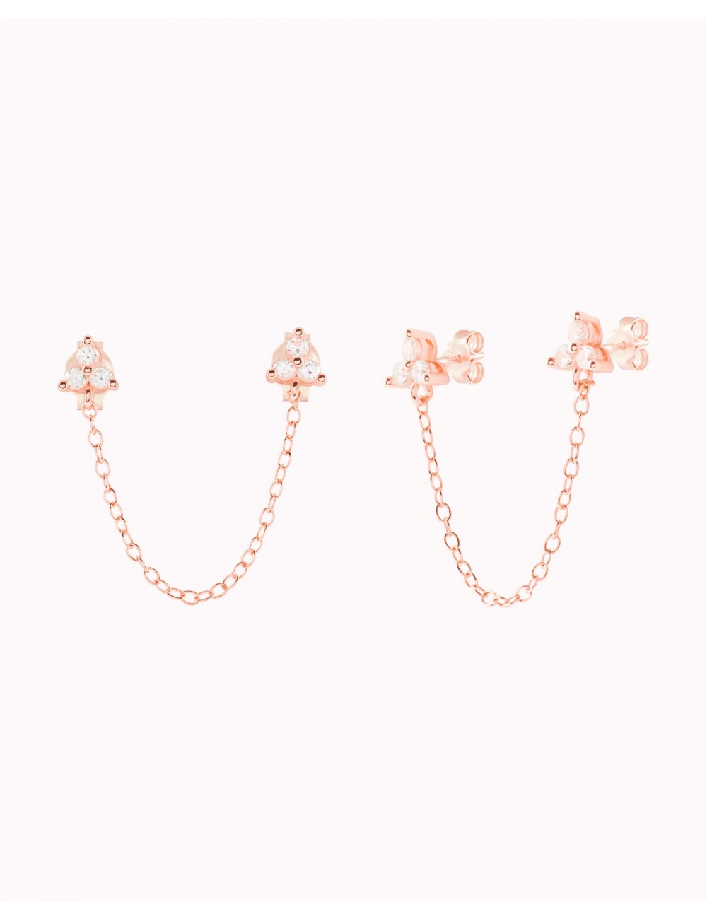 Dangling Chain CZ Double Flower Shaped Stud Earrings - Available in Black & White