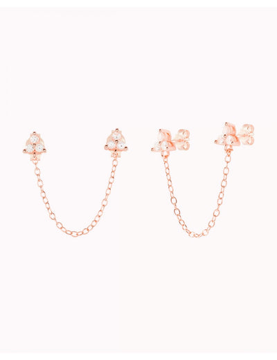 Doppelte blütenförmige Zirkonia-Piercing-Ohrstecker mit hängender Kette – erhältlich in Schwarz und Weiß