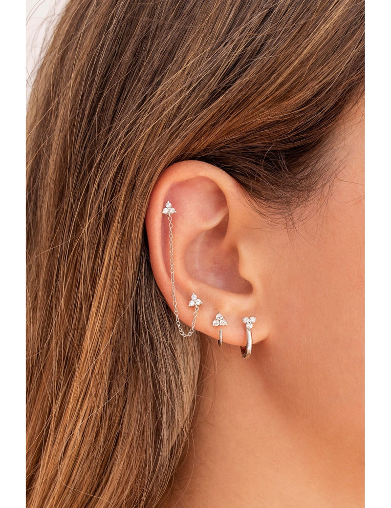 Dangling Chain CZ Double Flower Shaped Stud Earrings - Available in Black & White