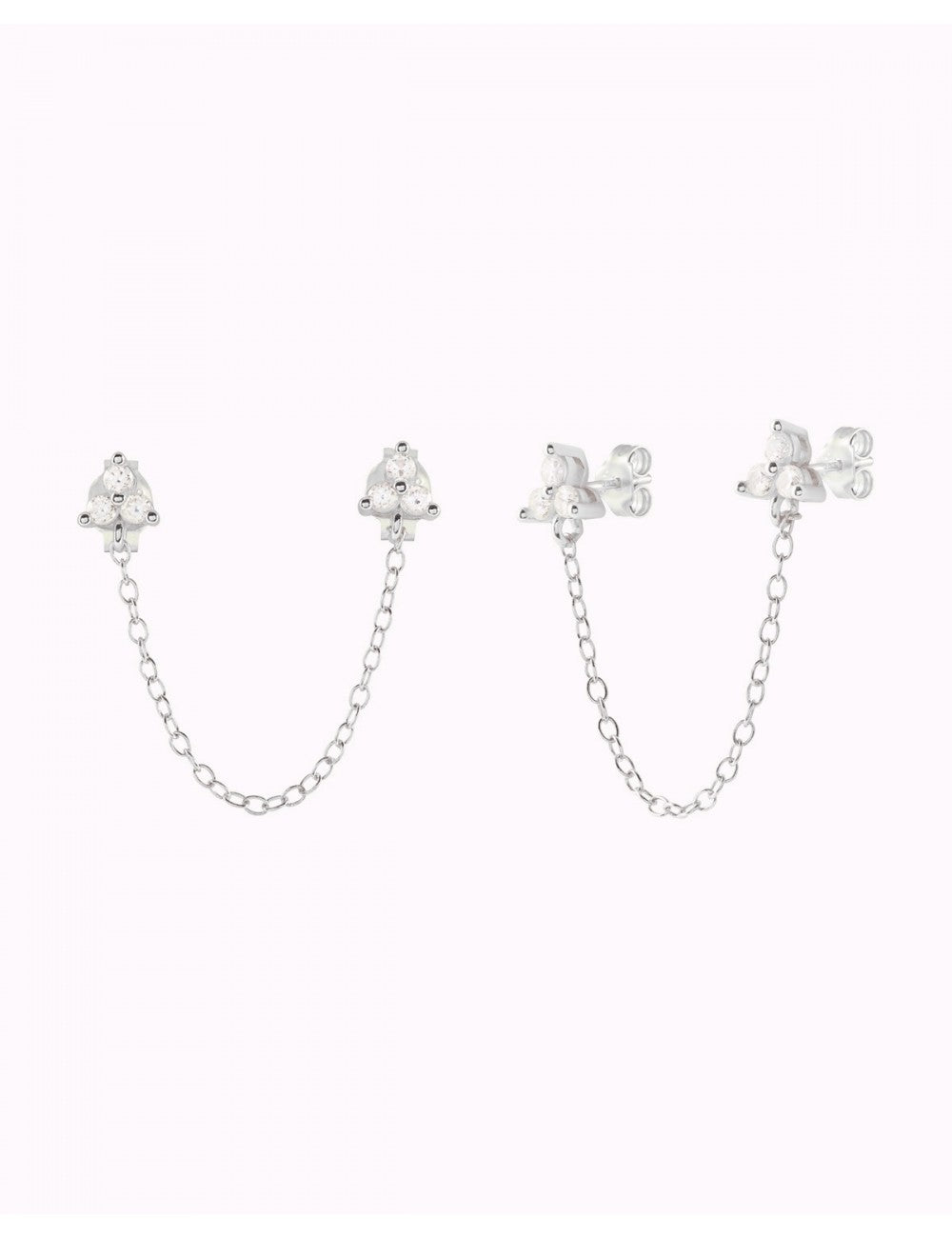 Dangling Chain CZ Double Flower Shaped Stud Earrings - Available in Black & White
