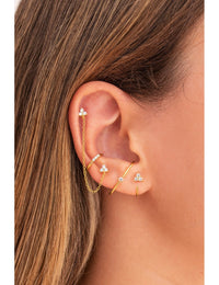 Dangling Chain CZ Double Flower Shaped Stud Earrings - Available in Black & White