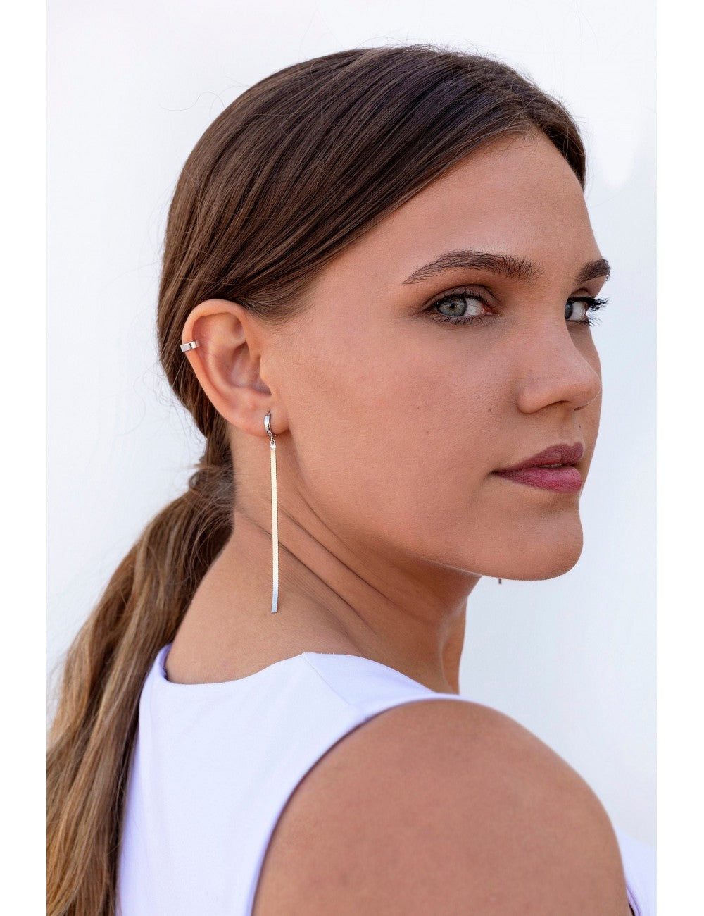 Huggie Hoop Earrings With Long Herringbone Chain Charm 