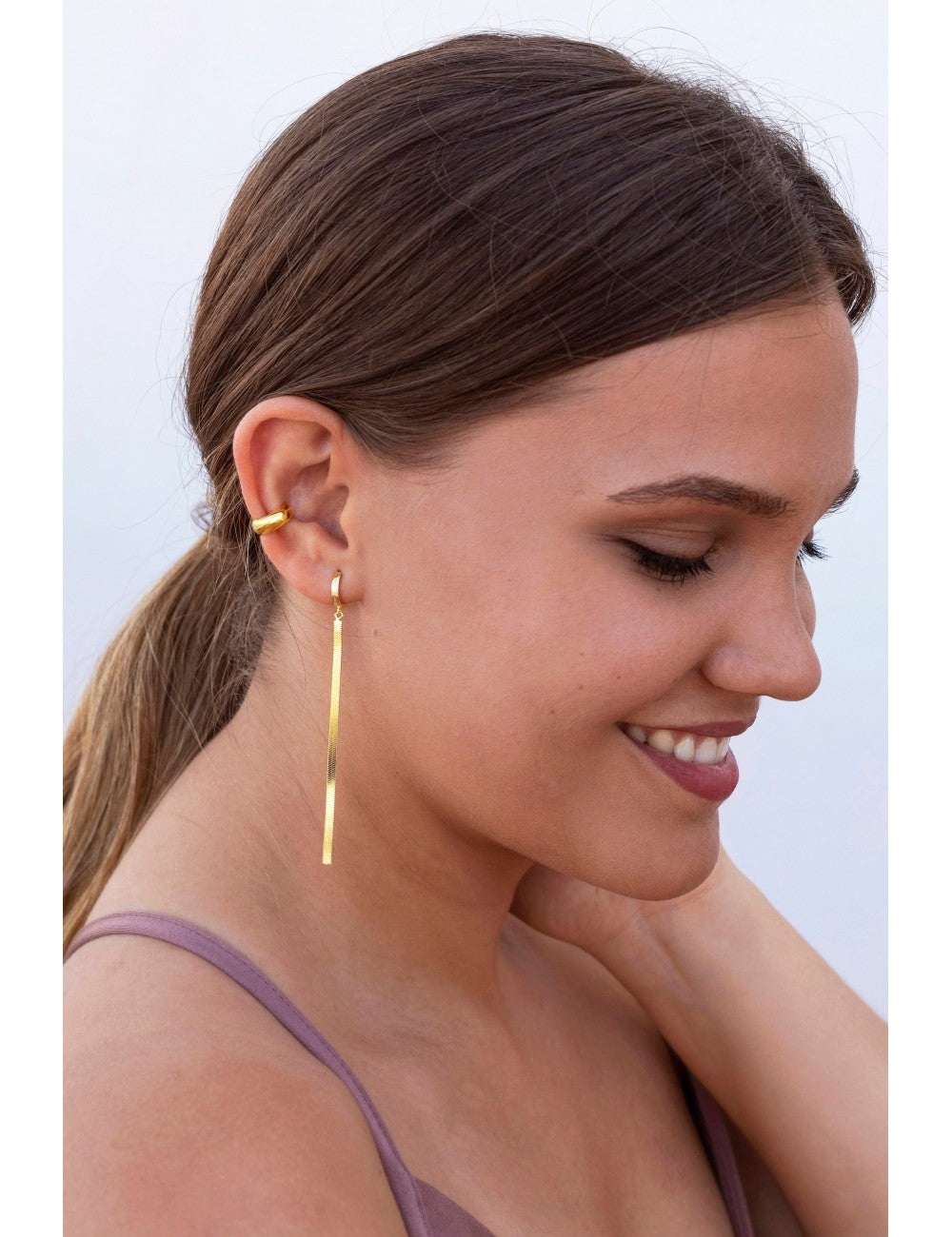Huggie Hoop Earrings With Long Herringbone Chain Charm 
