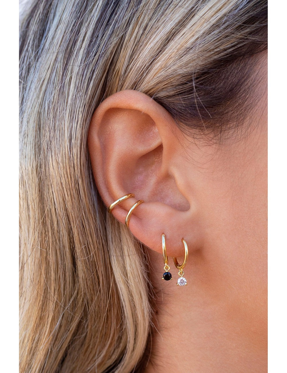 Dangling CZ Huggie Hoop Earrings - Two stone colors available: Black & White