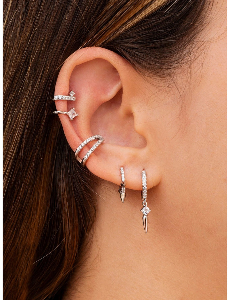 CZ Huggie Hoop Earrings With Spike Shaped Charm