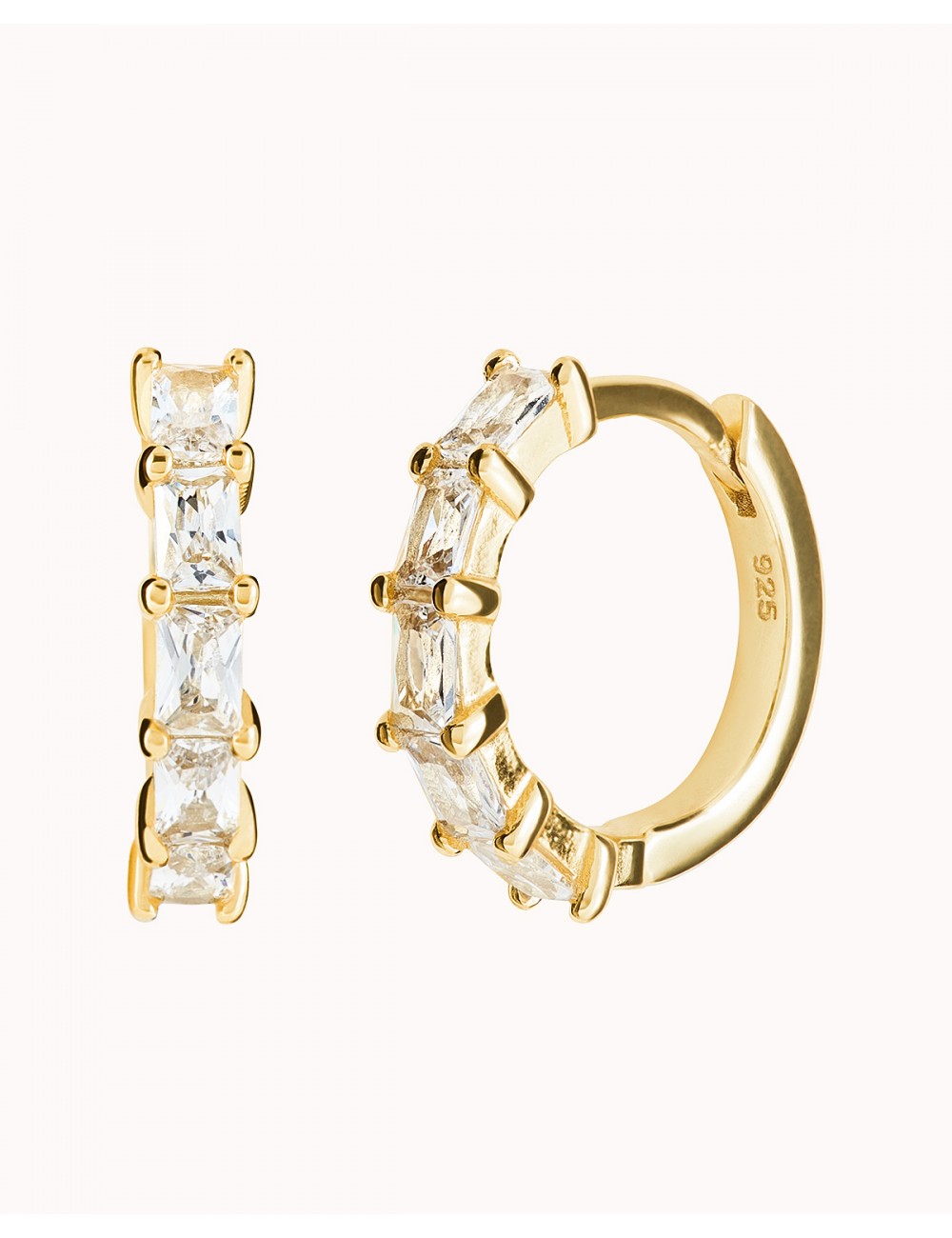 Boucles d'oreilles créoles Huggie avec zircones cubiques taille baguette