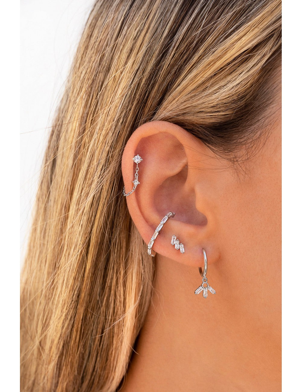 Fan Shaped Baguette CZ Charm Huggie Hoop Earrings