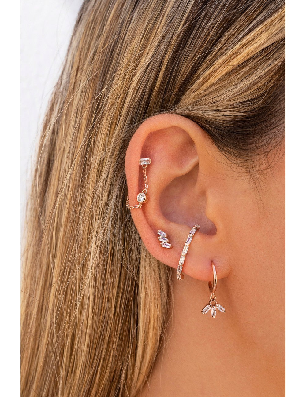 Fan Shaped Baguette CZ Charm Huggie Hoop Earrings