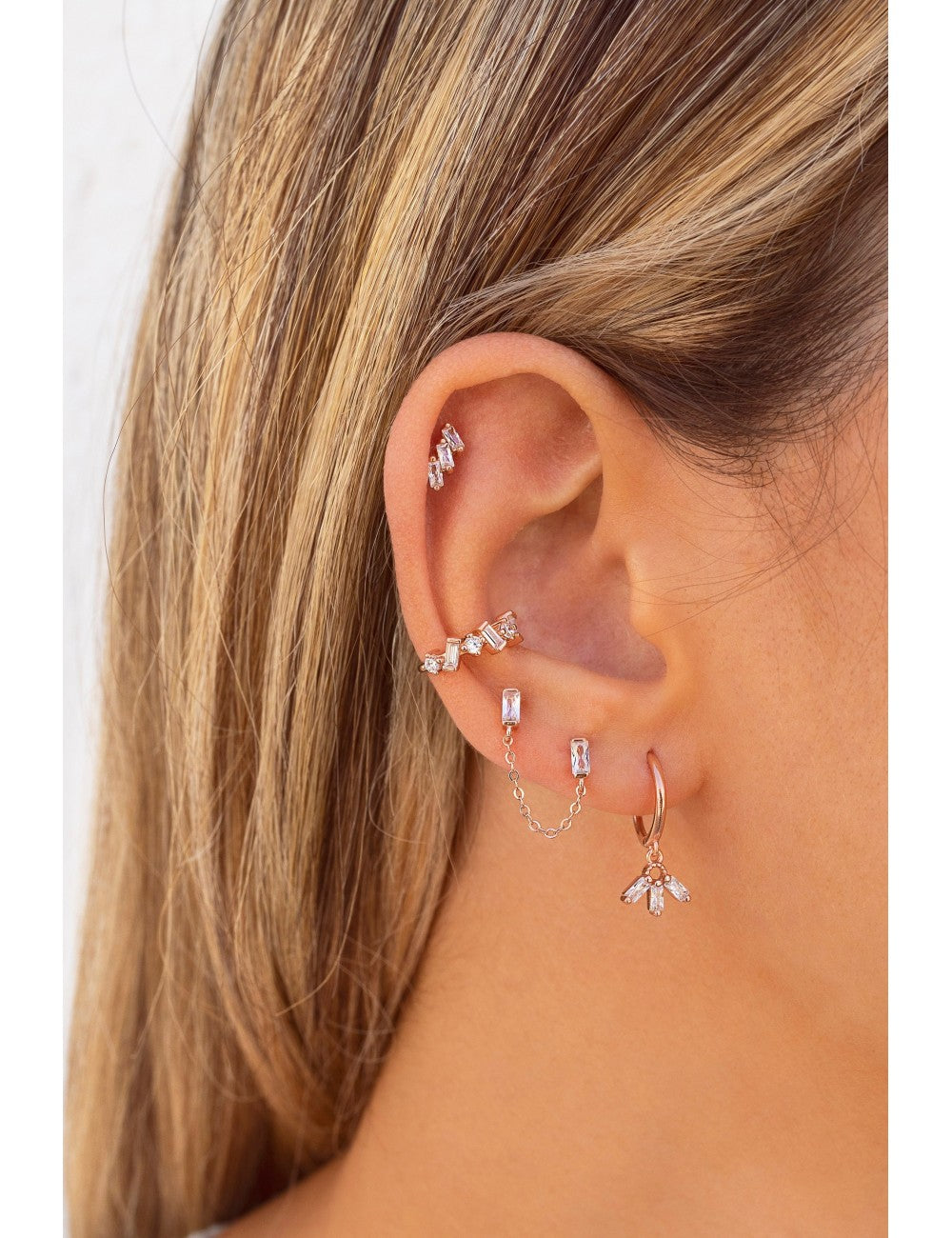 Fan Shaped Baguette CZ Charm Huggie Hoop Earrings