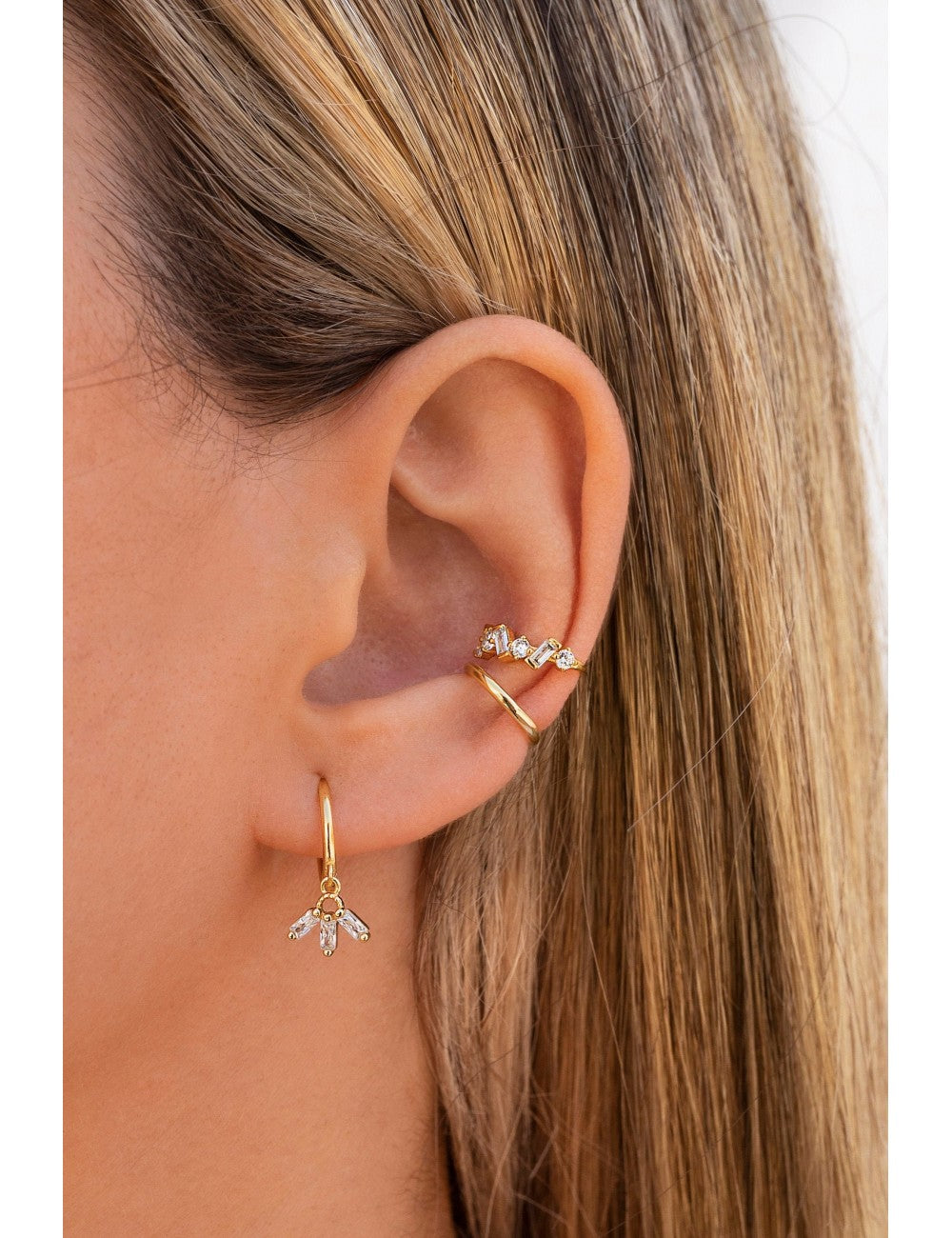 Fan Shaped Baguette CZ Charm Huggie Hoop Earrings