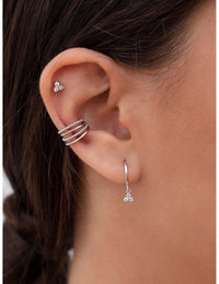 3 CZ Flower-Shaped Charm Huggie Hoop Earrings
