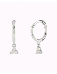 3 CZ Flower-Shaped Charm Huggie Hoop Earrings