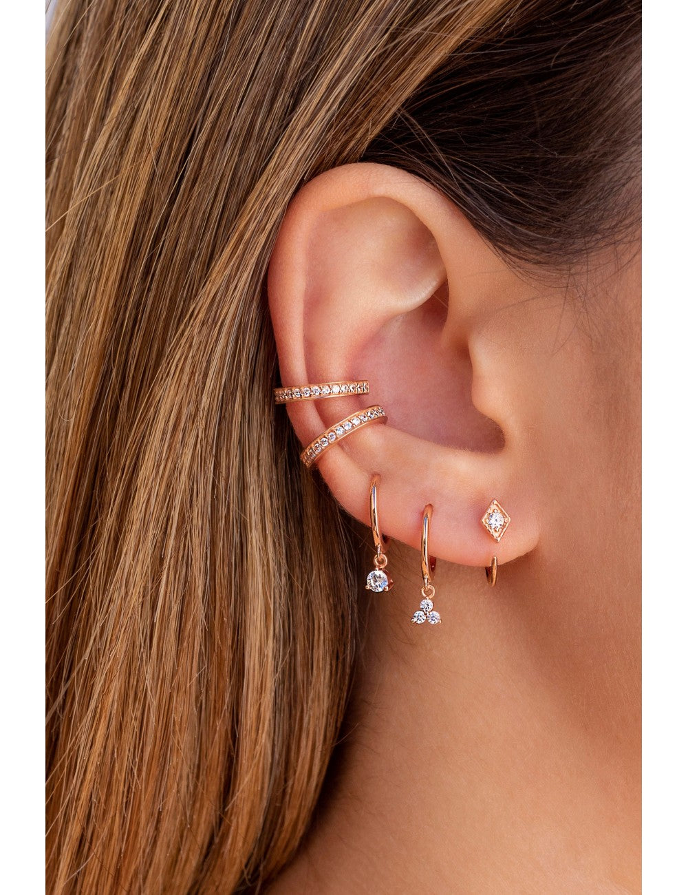 3 CZ Flower-Shaped Charm Huggie Hoop Earrings