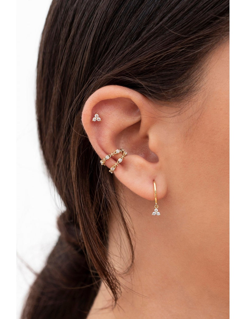 3 CZ Flower-Shaped Charm Huggie Hoop Earrings